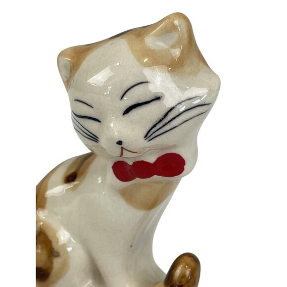 Vintage Small Porcelain Cat Japanese Red Bow Mid Century 3" - Picture 9 of 10